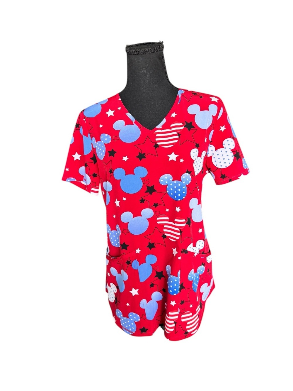 Disney Mickey Americana Patriotic Scrub Top S Red Stars USA Disneycore BB34